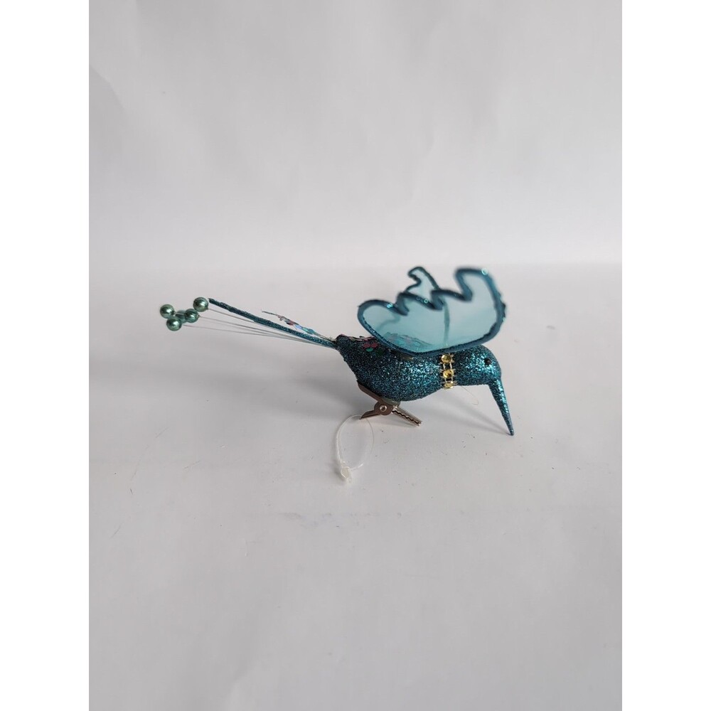 Clip-On Teal Blue Hummingbird Glitter Ornament Tulle Wings - Picture 2 of 4